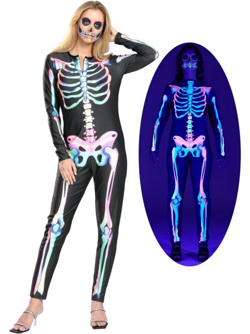 Rainbow Skeleton Jumpsuit Costume for Women - UV Reactive, Double-Sided